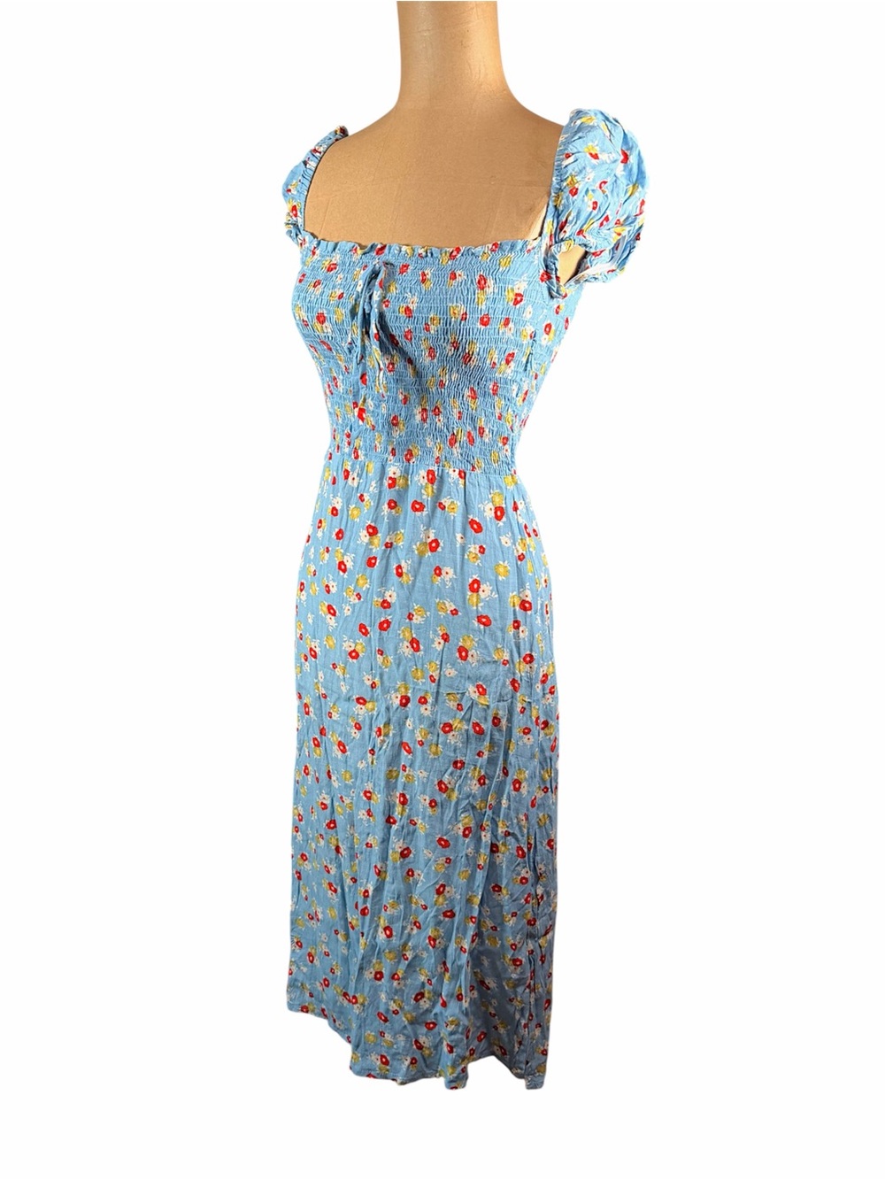 FAITHFULL THE BRAND Smocked Puff Sleeve Dress in Light Blue Floral